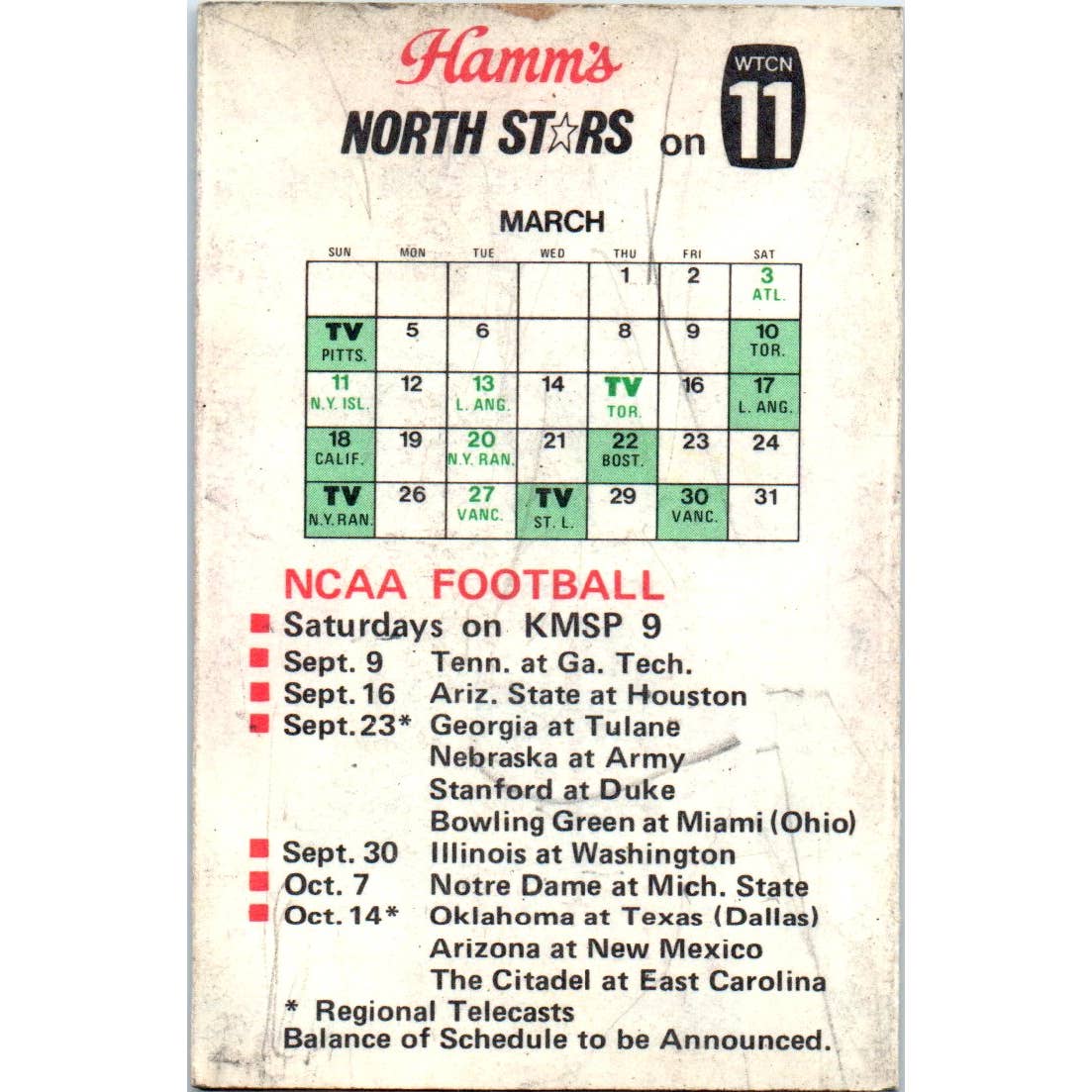 1972-73 Schedule Winter Sports North Stars Vikings Gophers Hamms TK1-P3