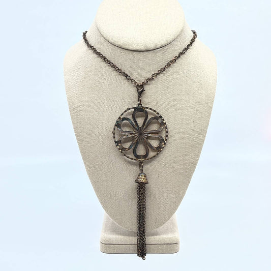 Vintage Boho Copper Tribal Sunburst Pendant & Tassel Extra Long Necklace 30" SD5