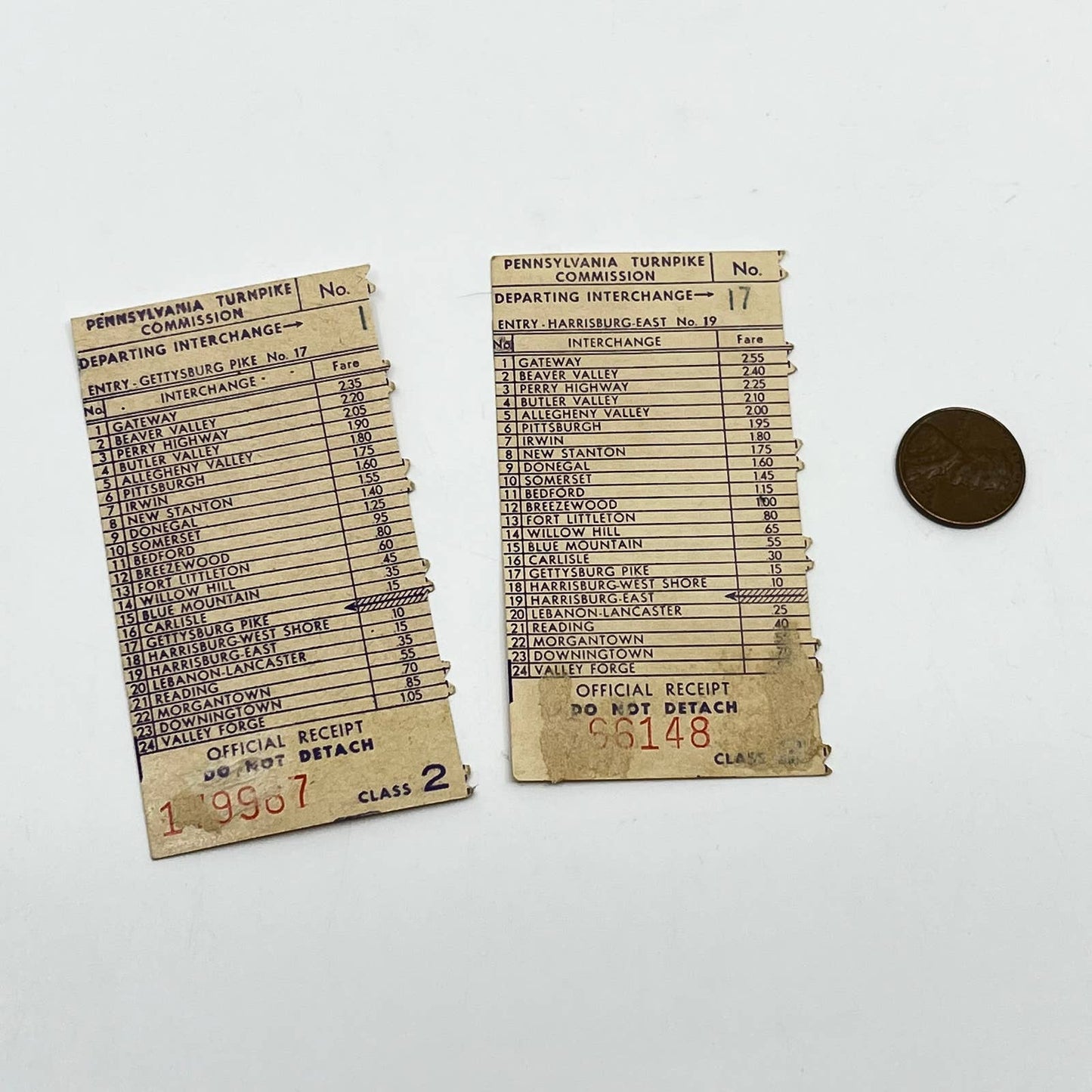 1970s Pennsylvania Turnpike Receipt Stubs Gettysburg Pike to Harrisburg East SC6