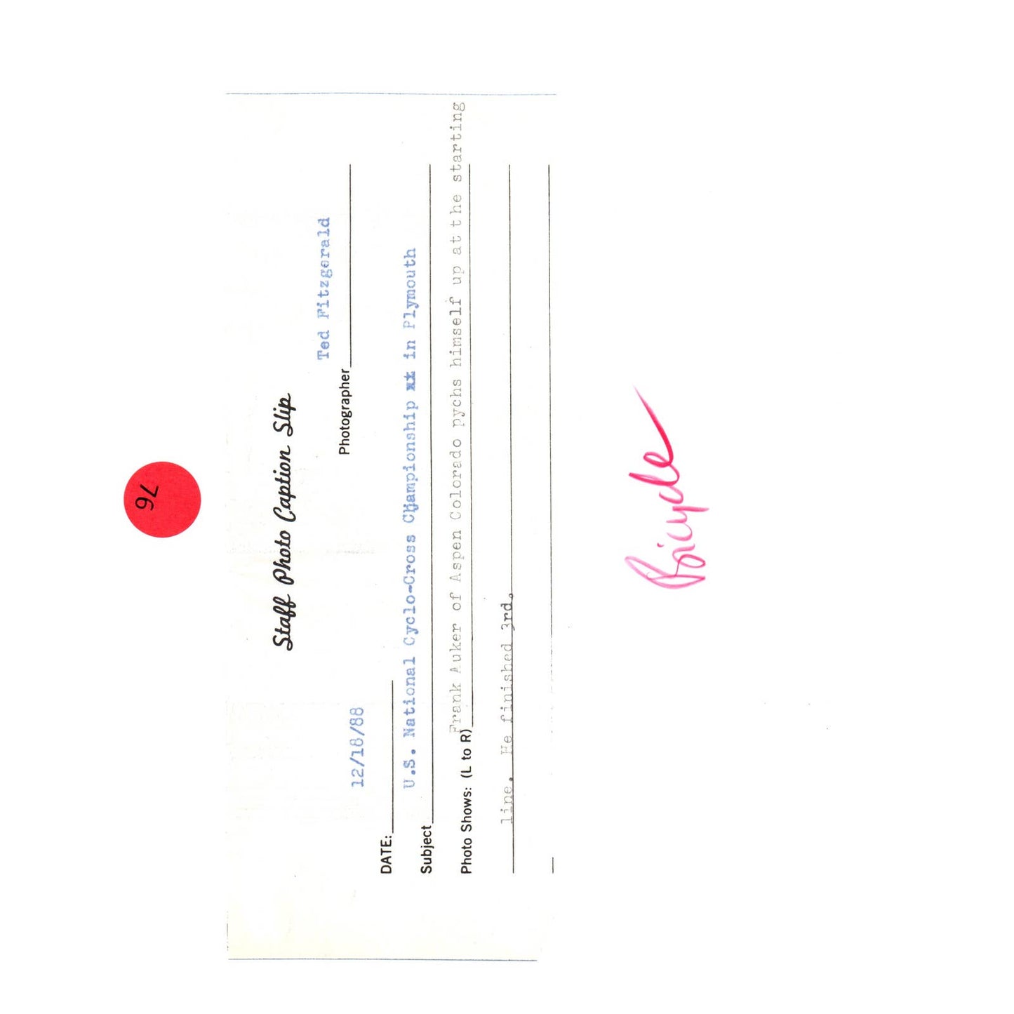 1988 Press Photo US National Cyclo-Cross Championship Plymouth Frank Auker AD3