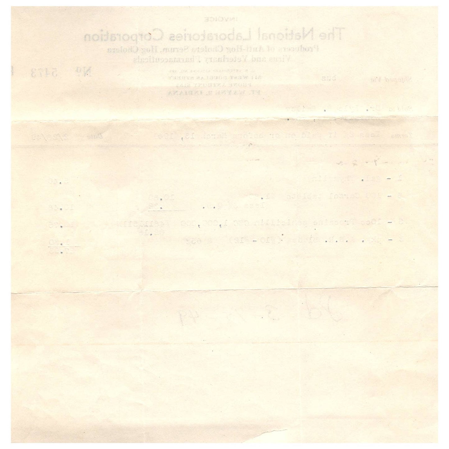 1949 The National Laboratories Corp Bill to Dr L.B. Bailey Kendallville IN AD8-3