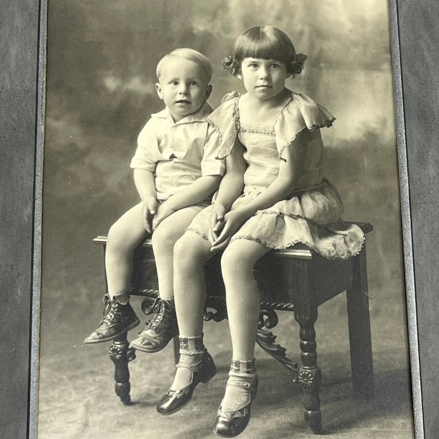 c1880 Victorian Boy & Girl on Ornate Bench CDV Kim Studio Rocky Ford CO H4-6