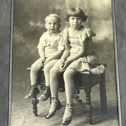 c1880 Victorian Boy & Girl on Ornate Bench CDV Kim Studio Rocky Ford CO H4-6