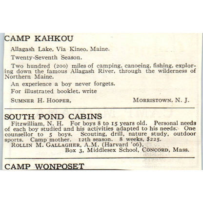 c1920 Harper's Magazine Ad - Camp Mowana A.R. MacMahon Readfield ME EA3