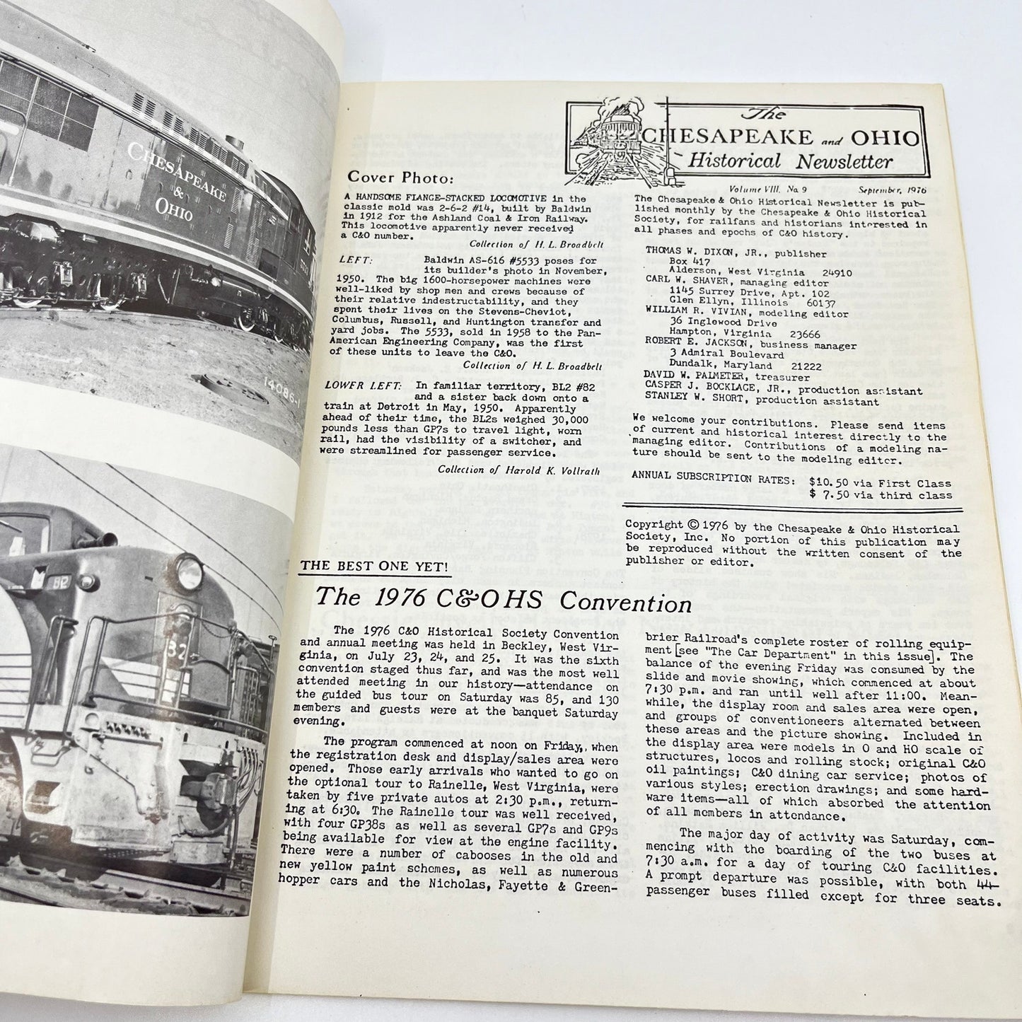 1976 Sept Chesapeake and Ohio Historical Newsletter C&O RR Thomas Dixon WV M1-2