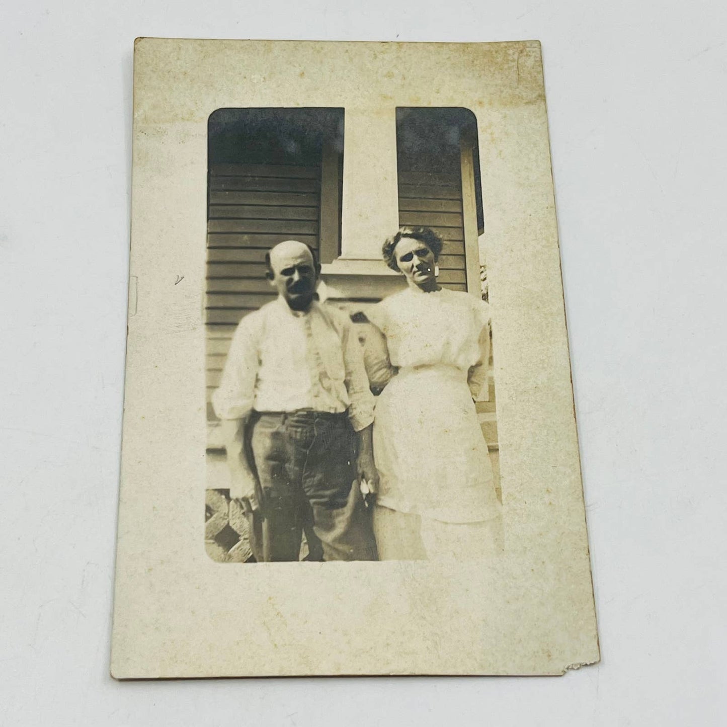 Early 1900s RPPC Portrait Husband and Wife Pose Outside House PA9