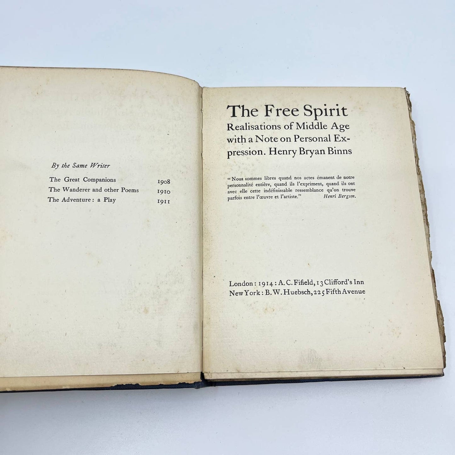 1914 The Free Spirit Bryan Henry Binns First Edition BW Huebsch Hardcover TF2