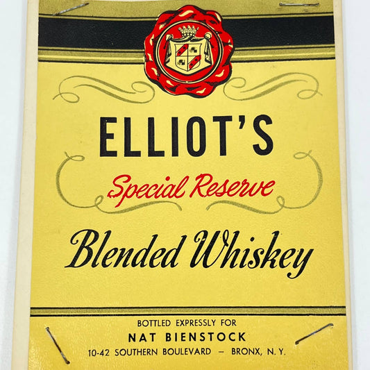 Elliots Special Reserve Whiskey Label Nat Bienstock 10-42 Southern Blvd Bronx NY