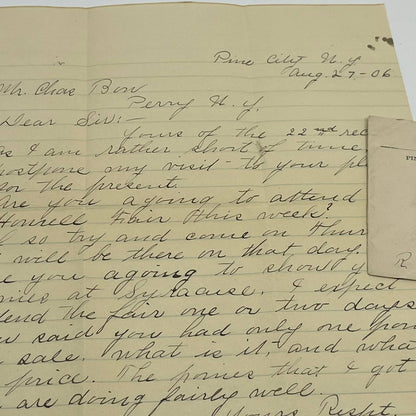 1906 Postal Cover & Letter Pine City to Perry NY Charles Bun AA6