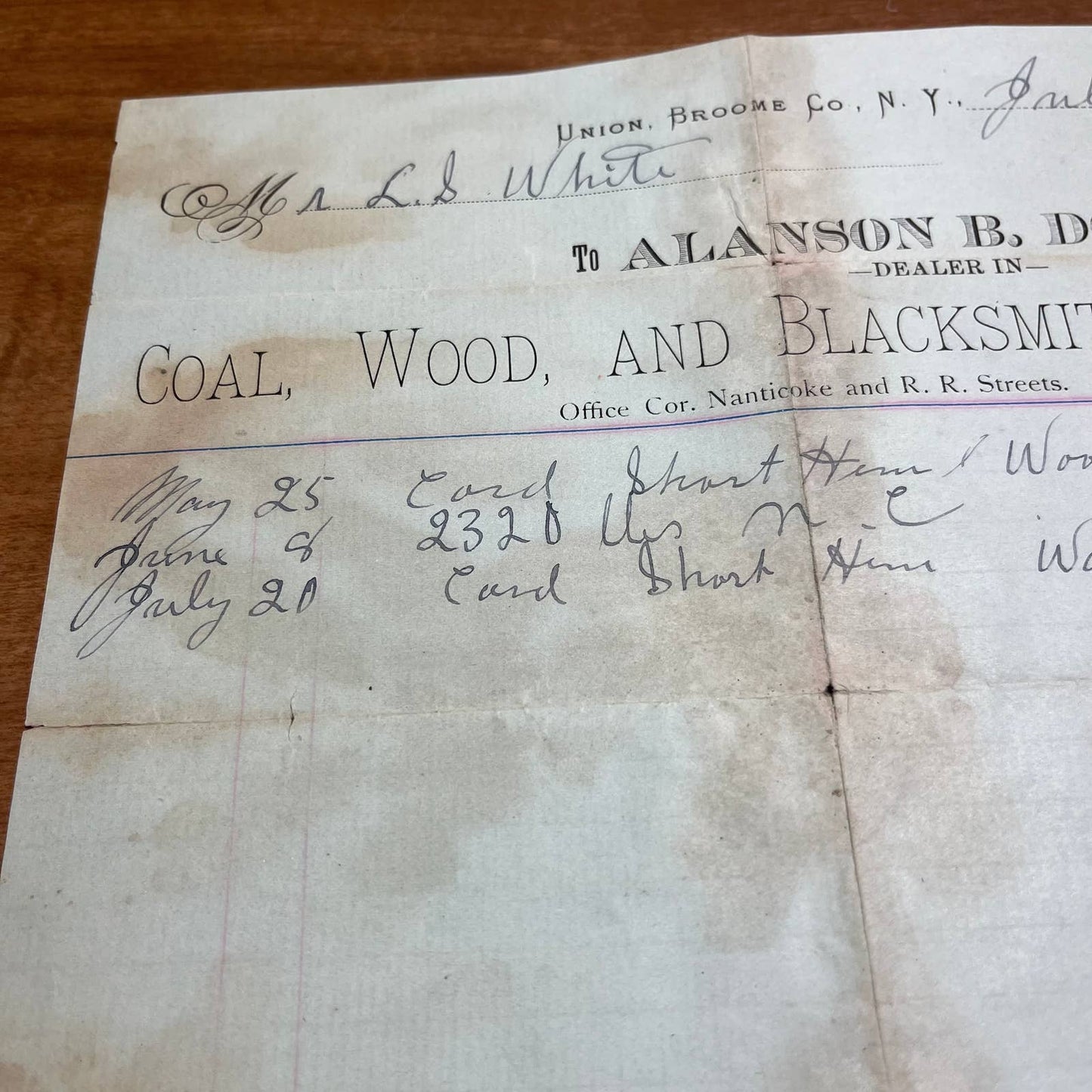 1883 Invoice Bill Union Broome Co. NY Alanson B Dodge Nanticoke & R.R. Street A8