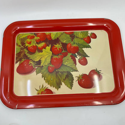 1940s Toleware Tin Enamel Strawberry Dinner Tray Set OF 4 - 17.5 x 13 TH2-2