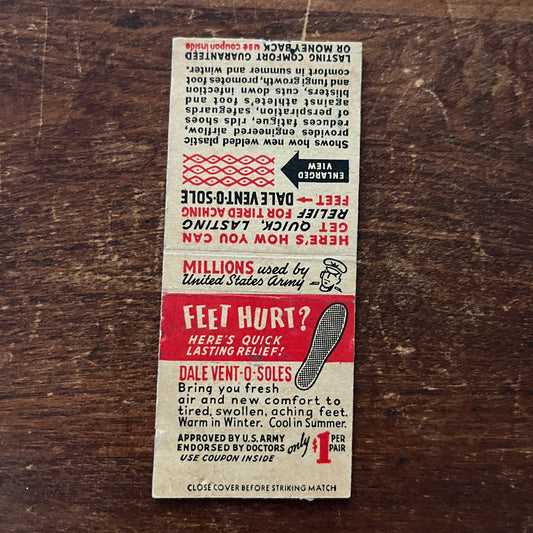 Dale Vent-O-Soles For Sore Feet Advertising Matchbook Cover MM11-8