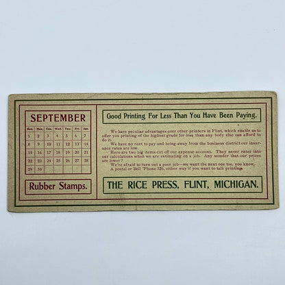 1910s Blotter Card The Rice Press Rubber Stamps Sept Calendar Flint MI SC8