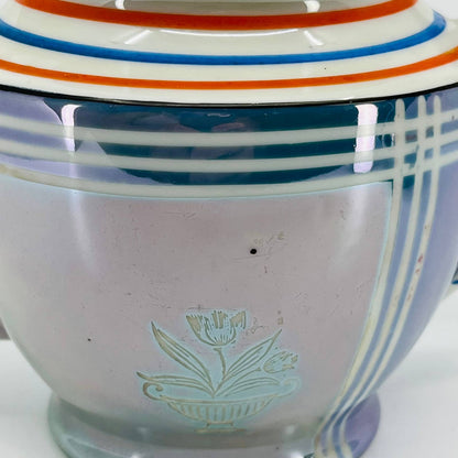 Vintage RARE Japanese Iridescent Opal Lustre Ware Blue Stripe Teapot 6x9 TC2