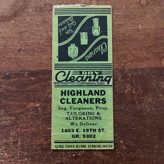 Highland Cleaners Seg. Ferguson Tailor Advertising Matchbook Cover MM11-6