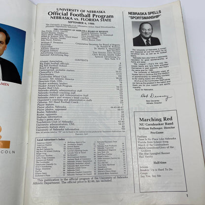 1986 Nebraska Cornhuskers vs. Florida State Gameday Football Program TH6