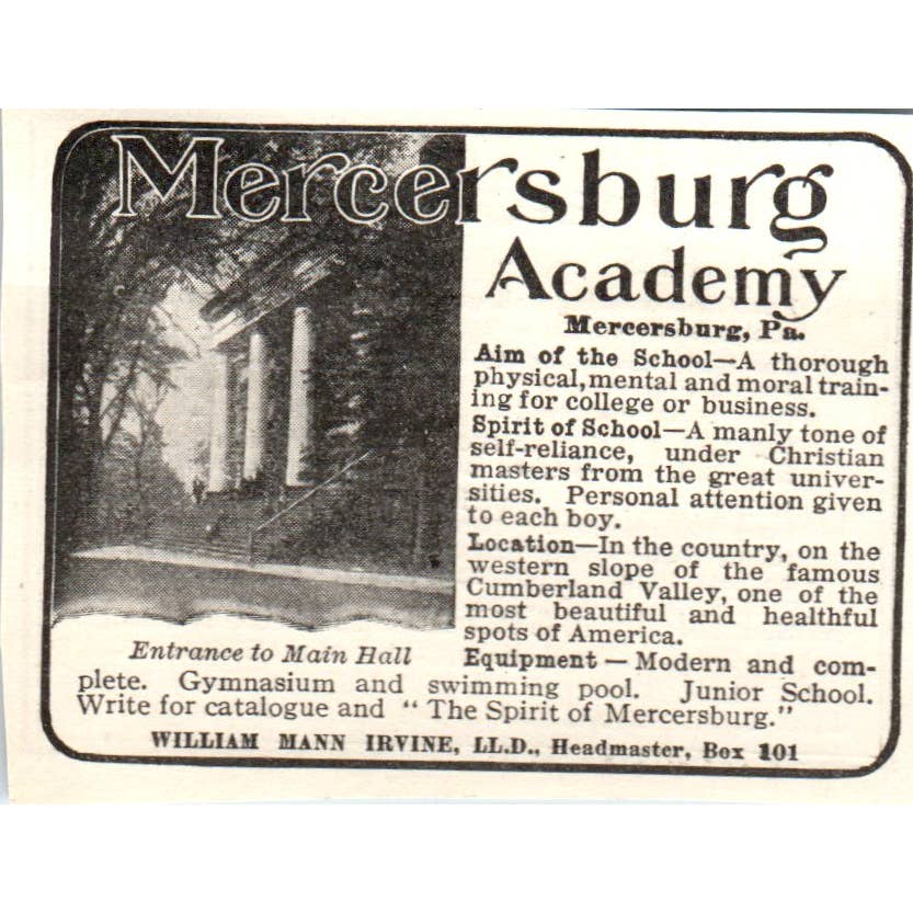 c1920 Harper's Magazine Ad - Mercersburg Academy William Mann Irvine PA EA3-1