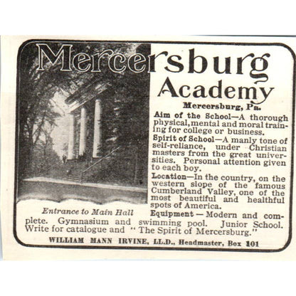 c1920 Harper's Magazine Ad - Mercersburg Academy William Mann Irvine PA EA3-1