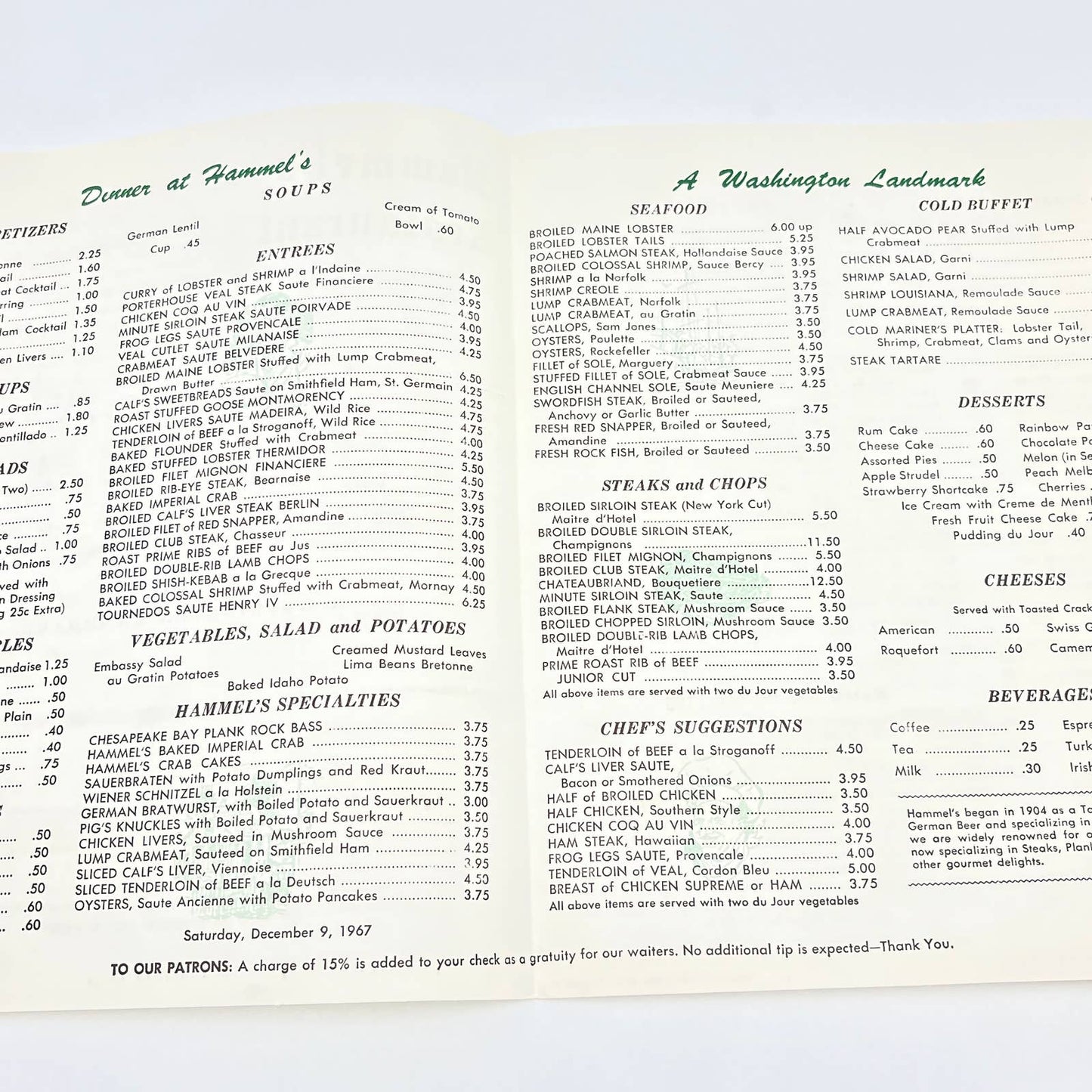 1967 Hammel's Restaurant Menu 10th St. Washington DC FL3