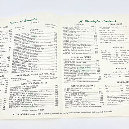 1967 Hammel's Restaurant Menu 10th St. Washington DC FL3