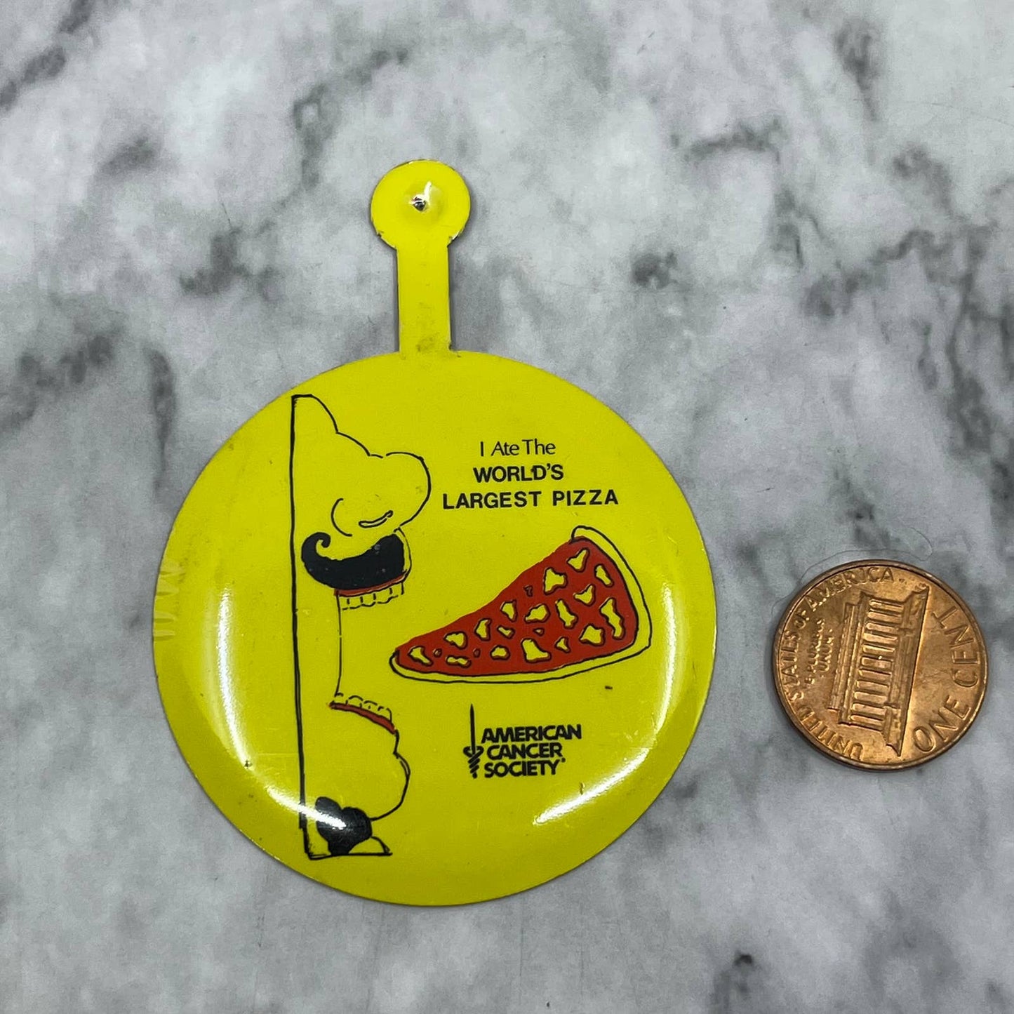 Vtg I Ate The World's Largest Pizza American Cancer Society Foldback Badge SF1