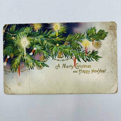 1910s Christmas Post Card Embossed Candlelit Tree Gilt PA4