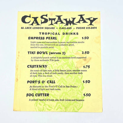 1966 Castaway Restaurant Drink Menu Jack London Square Oakland CA FL3