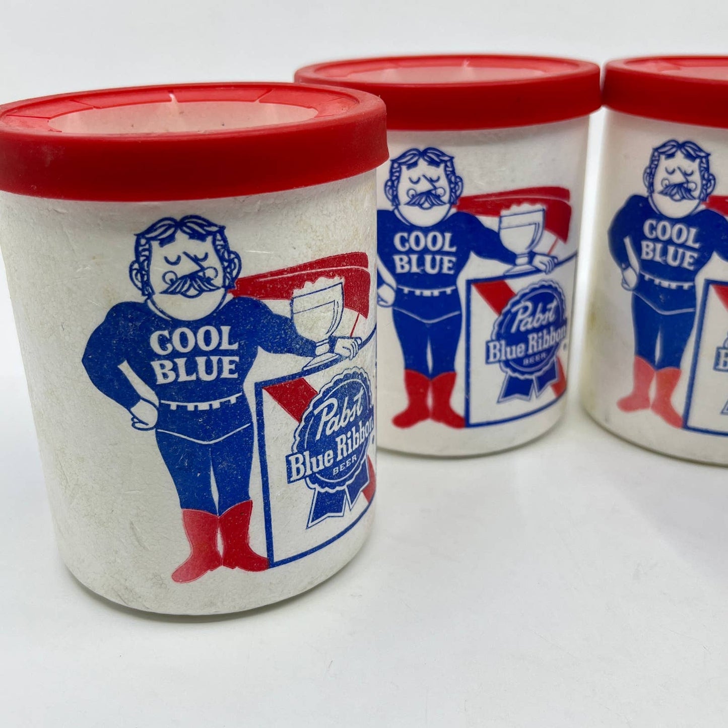 Vintage Pabst Blue Ribbon PBR Cool Blue Man Styrofoam Can Koozie Set of 4 TF6