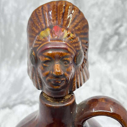 Vtg Redware Clay Souvenir Snake Bite Jug Indian Chief Decanter MCM 8” TB4