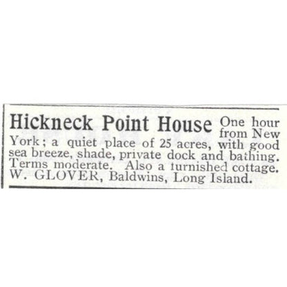 Hickneck Point House For Rent W. Glover Baldwins Long Island - 1903 Ad TJ8-7-7