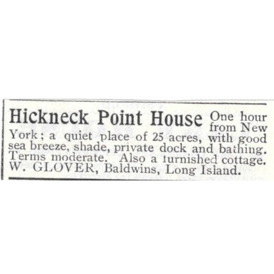 Hickneck Point House For Rent W. Glover Baldwins Long Island - 1903 Ad TJ8-7-7