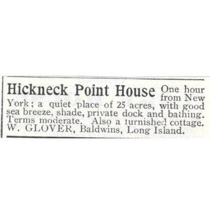 Hickneck Point House For Rent W. Glover Baldwins Long Island - 1903 Ad AK5-S34