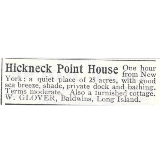 Hickneck Point House For Rent W. Glover Baldwins Long Island - 1903 Ad AK5-S34