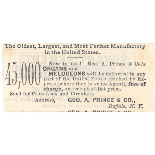 Organs & Melodions Geo. A. Prince Co Buffalo NY - Ad 1878 Original TJ7-L2-4