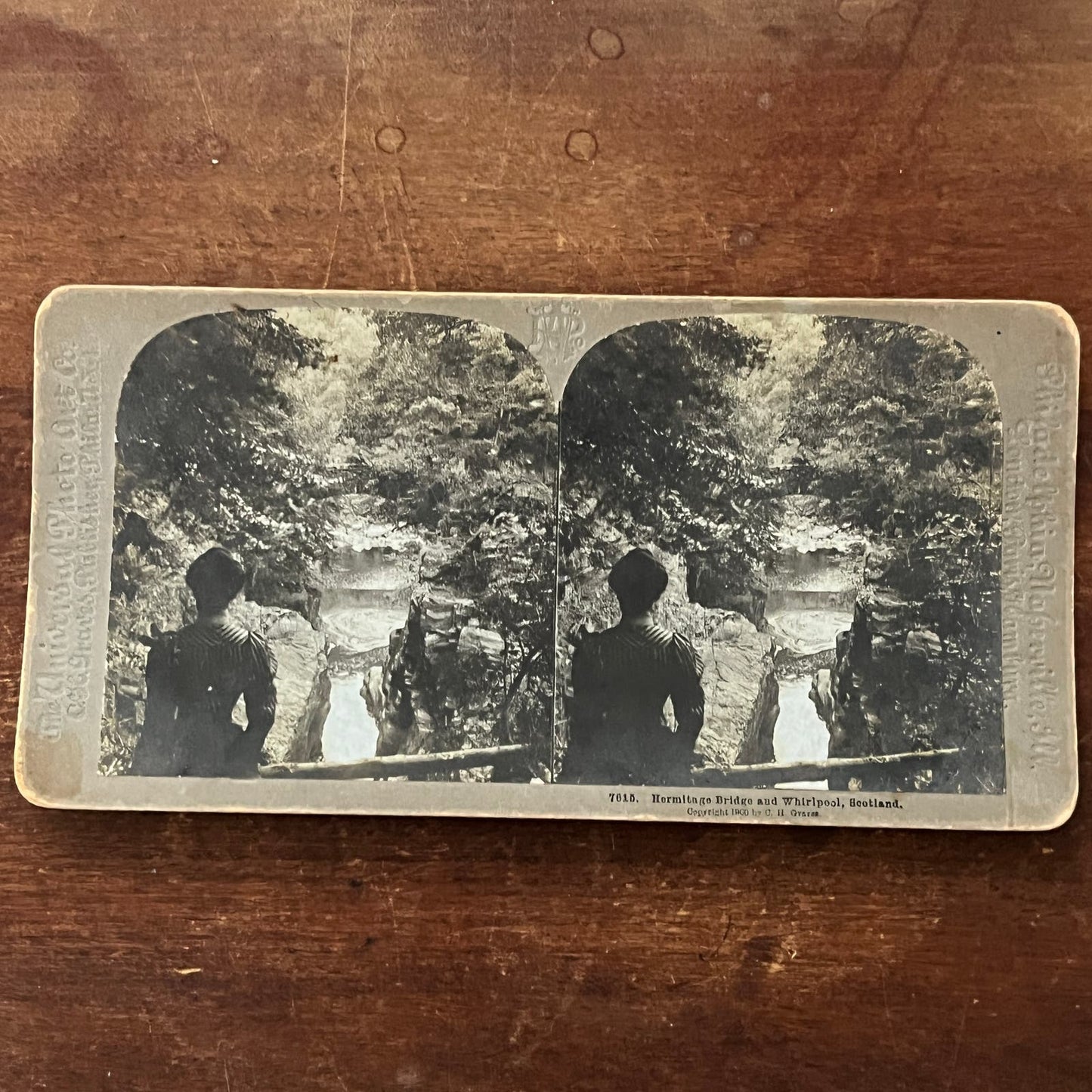 Hermitage Bridge & Whirlpool Scotland 1900 C.H. Graves Stereoview Card TJ9-V1