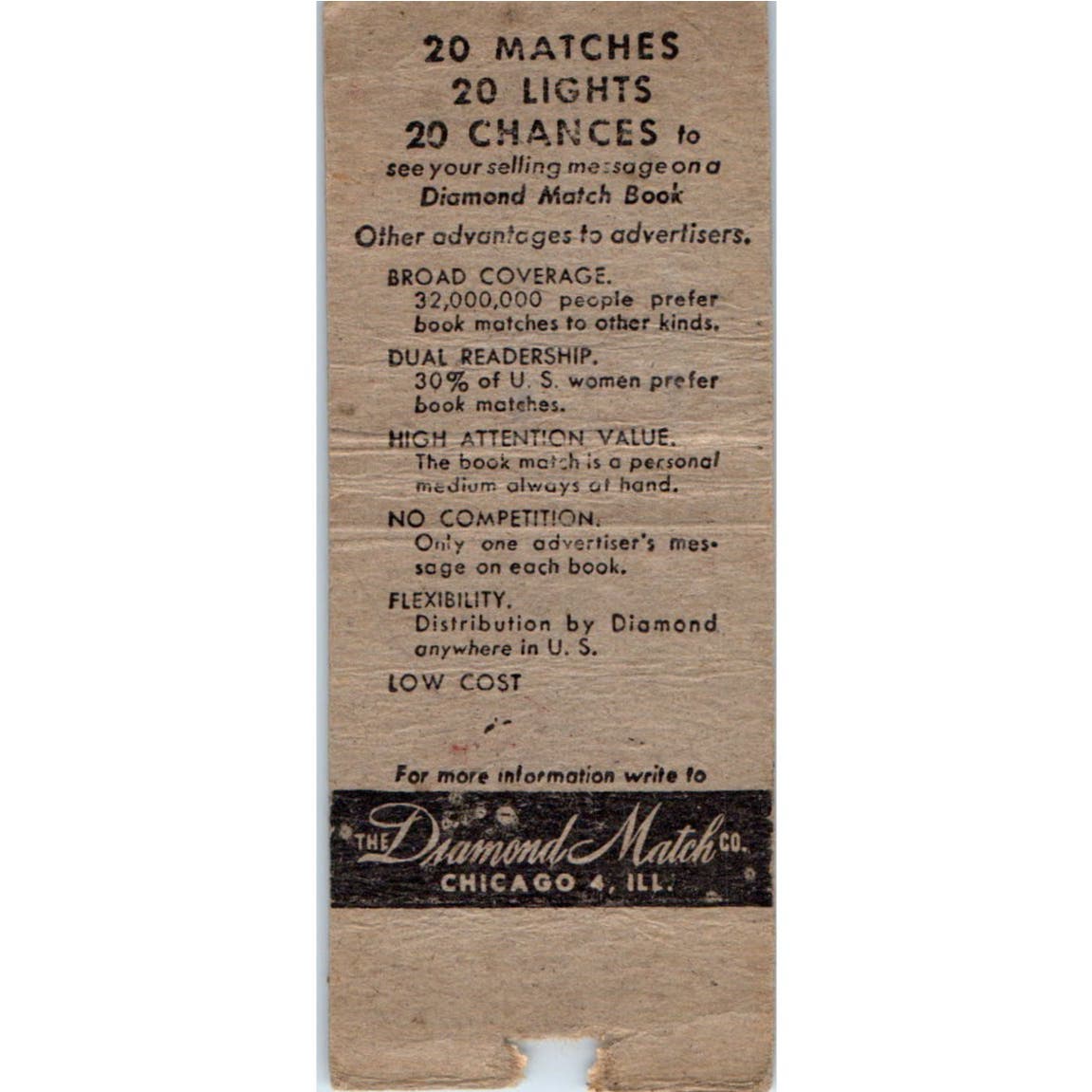 Advertise With Diamond Match Co Chicago Advertising Matchbook Cover SA9-M4