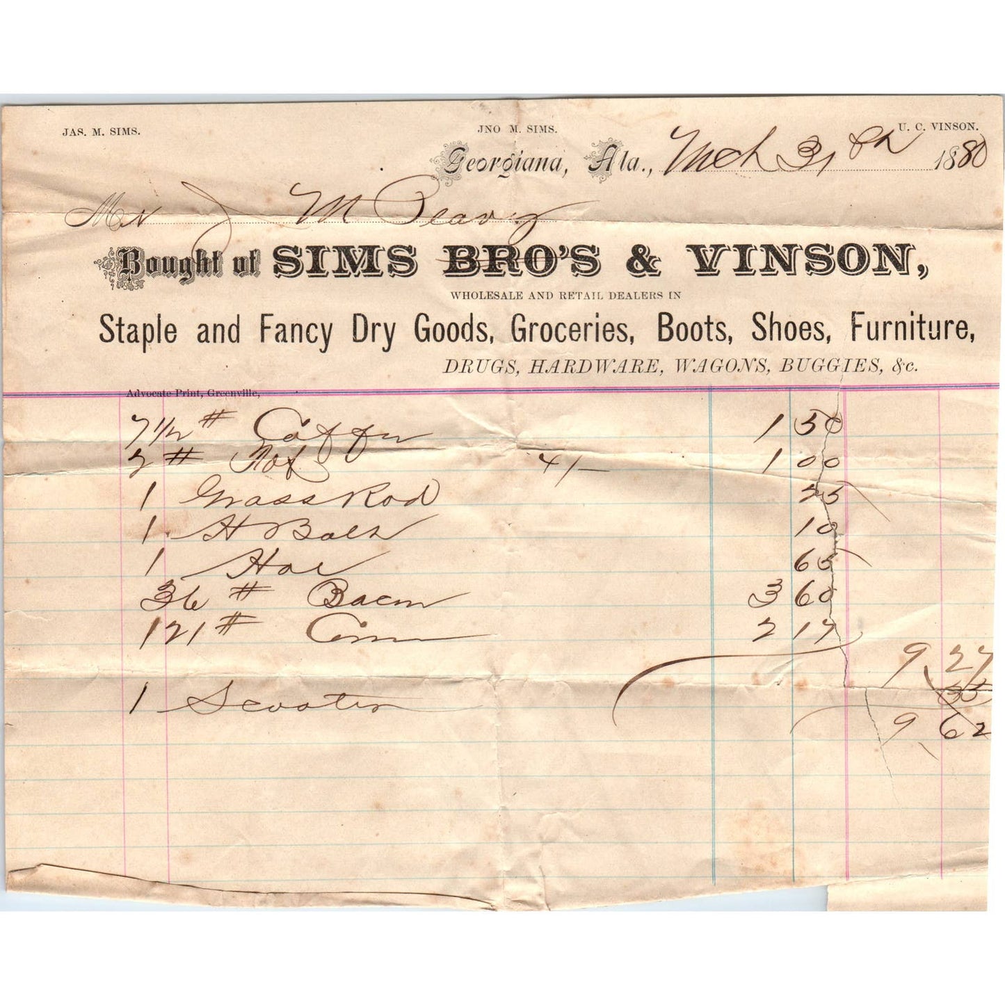 1880 Letterhead Billhead Sims Bros & Vinson Dry Goods Georgiana AL AD6