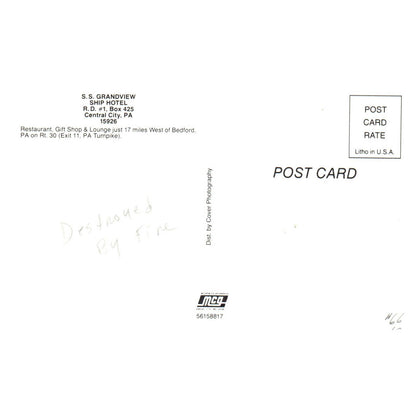 S.S. GrandView Ship Hotel Rd #1 Central City Pennsylvania - Postcard TJ8-1