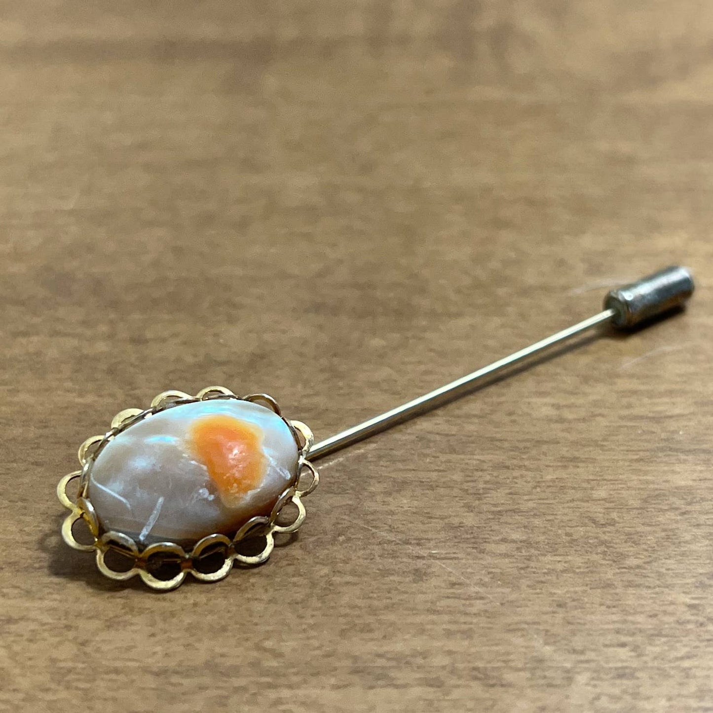 Vintage MCM Hat Lapel Stick Pin Polished Agate Gold Tone SE1