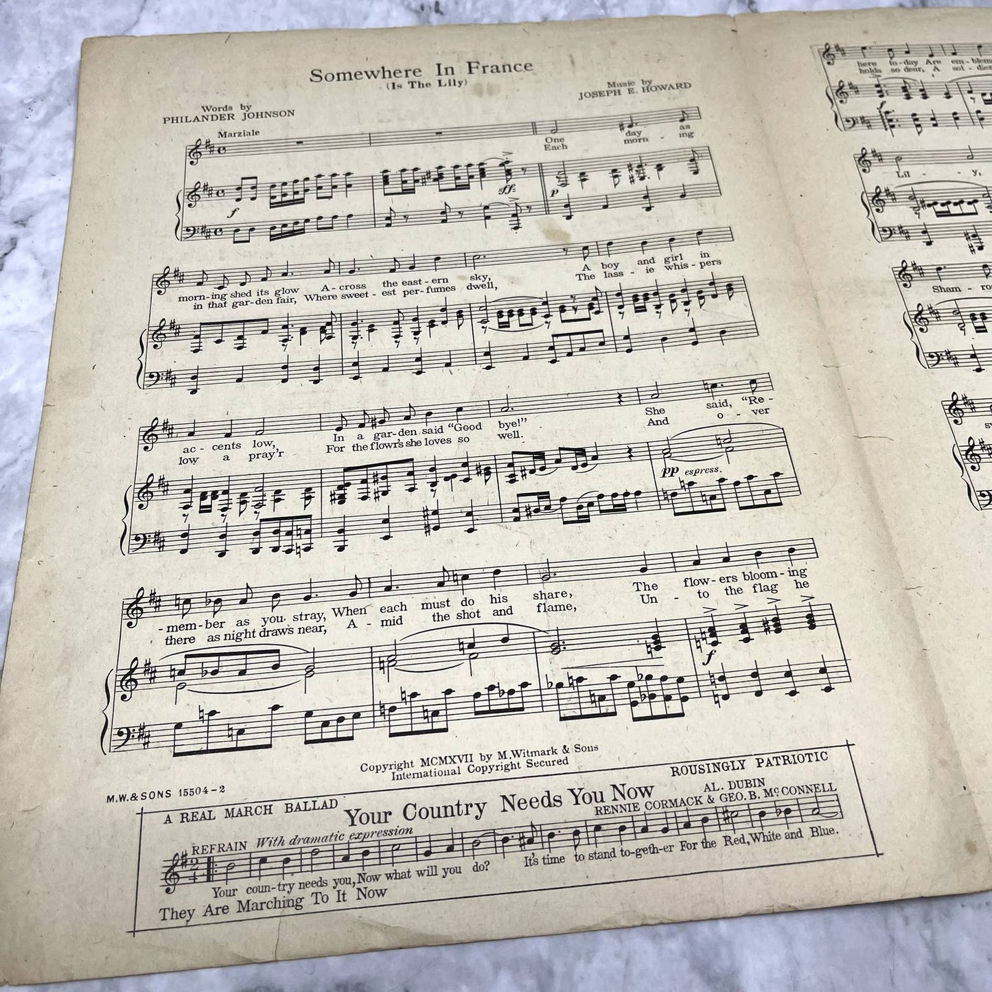 Somewhere in France is the Lily Jos. E. Howard 1917 Sheet Music TK2-SM