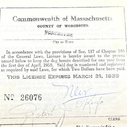 1959 Worcester MA Male Dog License Robert J O’Keefe Rabies Information AC3