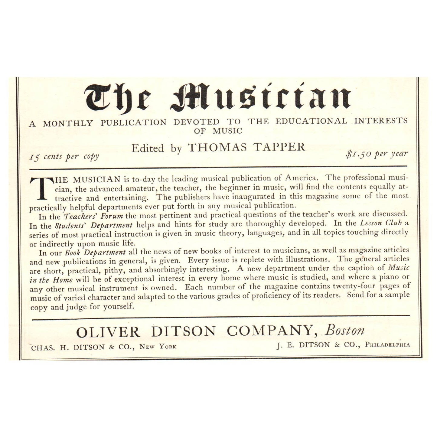 The Musician Magazine Thomas Tapper Oliver Ditson Co 4x5.5" - 1904 Ad TJ8-8