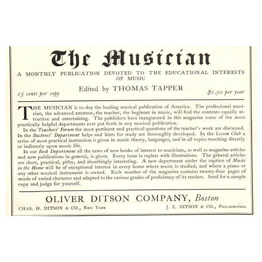 The Musician Magazine Thomas Tapper Oliver Ditson Co 4x5.5" - 1904 Ad TJ8-8