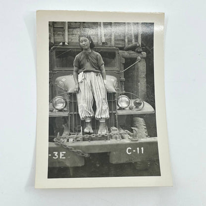 1940s WWII Japanese Woman Standing on Military Jeep Japan 2x3.5” SC5