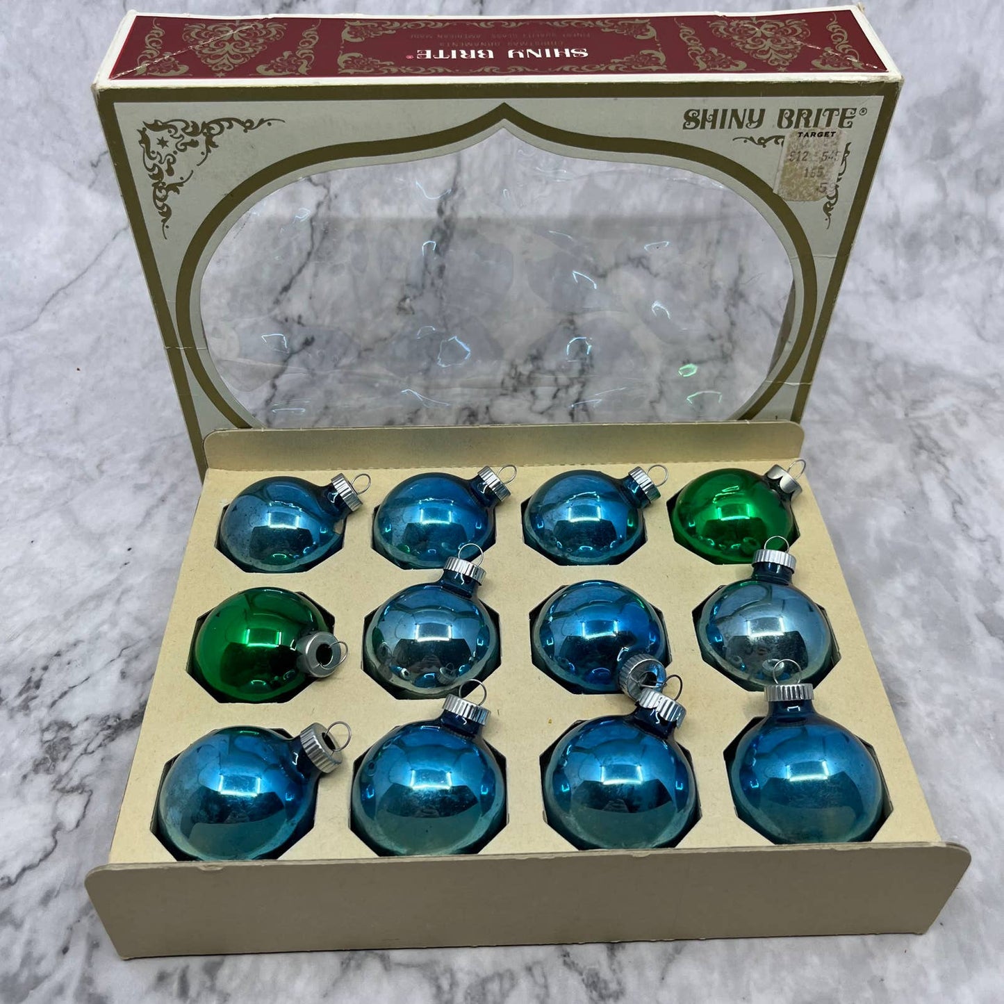 Shiny Brite 12 Vtg 1 3/4" Mercury Glass Ornaments Original Box Blue/Green TJ9