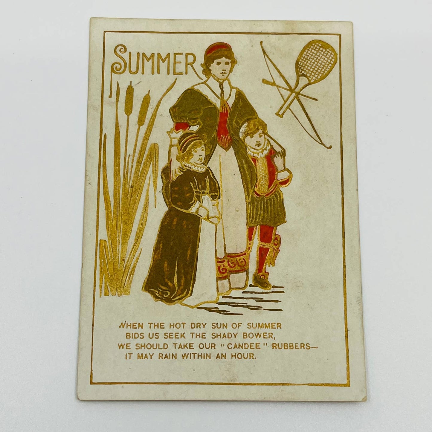 1880s Trade Card Summer Poem Dresden Embossed Candee Shoes & Rubbers AA2