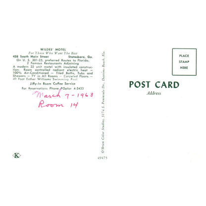 Wildes' Motel Statesboro Georgia 1963 - Postcard TJ8-1