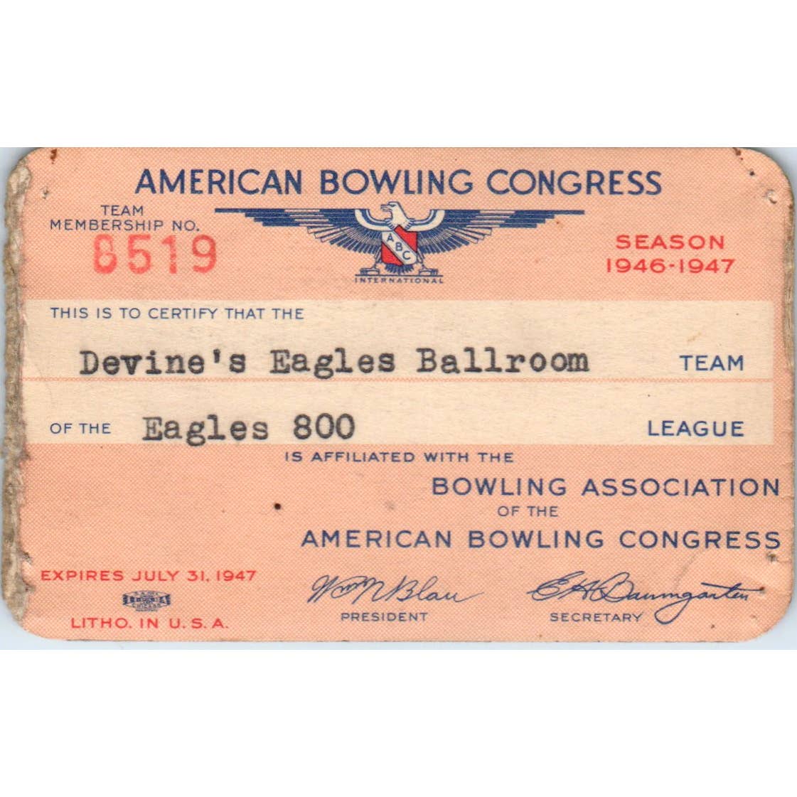 1946 American Bowling Congress Milwaukee Membership Card Eagles 800 SE5-27
