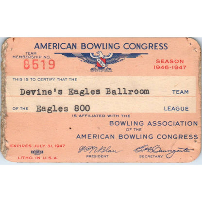 1946 American Bowling Congress Milwaukee Membership Card Eagles 800 SE5-27