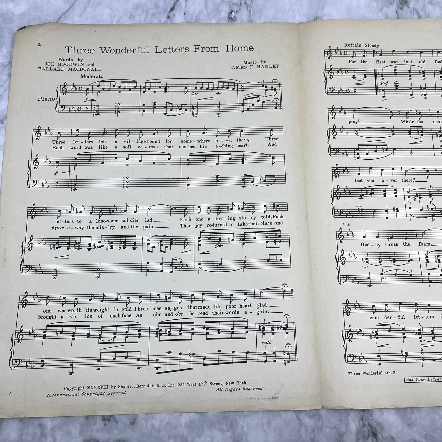 "Three Wonderful Letters From Home" 1918 Sentimental Ballad Popular WWI Song TH1